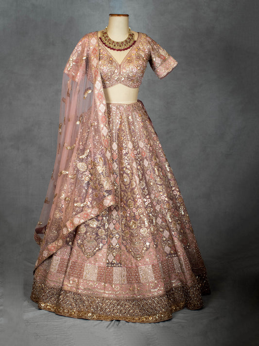 Pastel Dusty Rose Bridal Lehenga with Sequin Embroidery and Net Dupatta