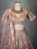 Pastel Dusty Rose Bridal Lehenga with Sequin Embroidery and Net Dupatta