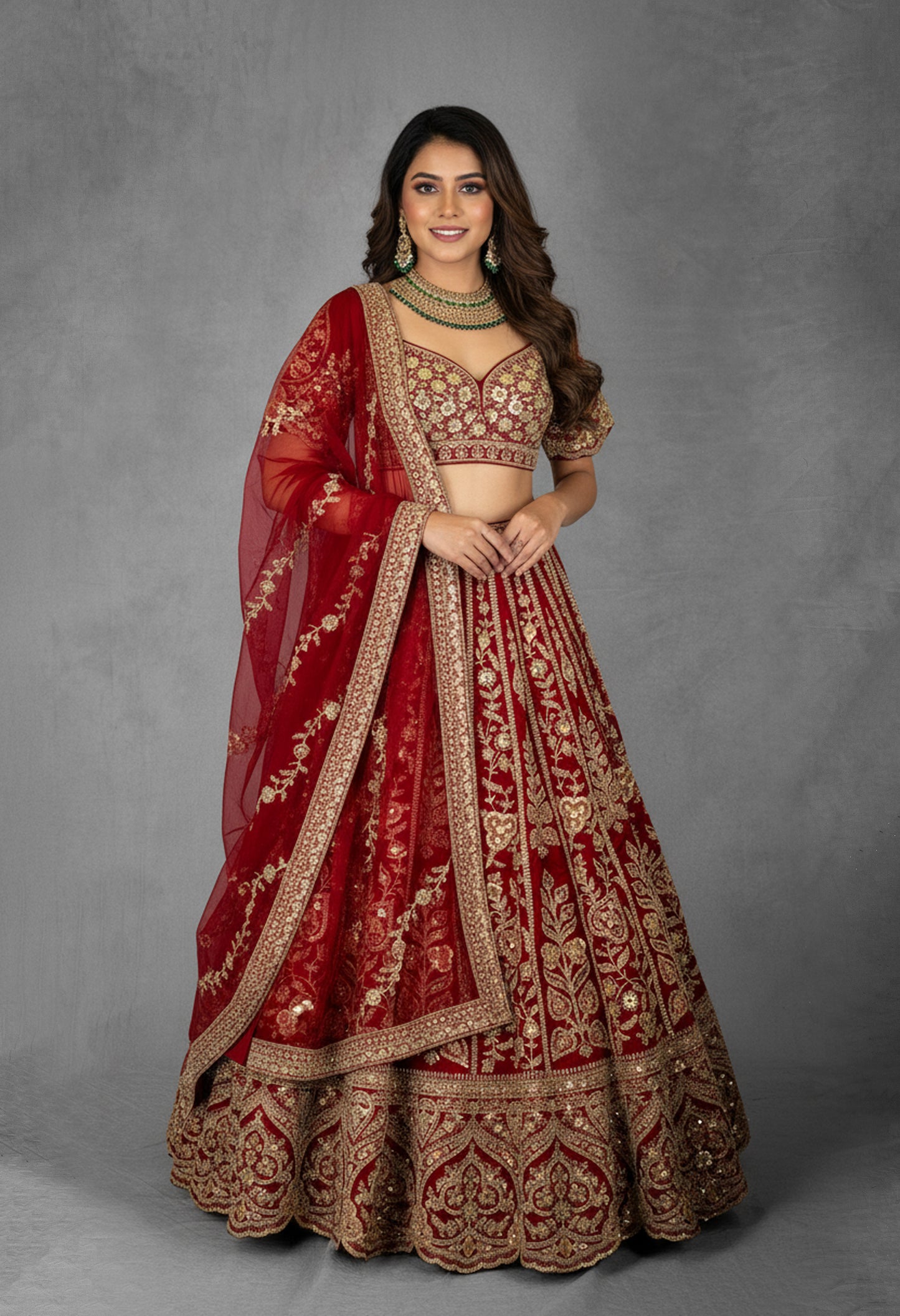 Classic Red Bridal Lehenga with Heavy Golden Embroidery and Net Dupatta