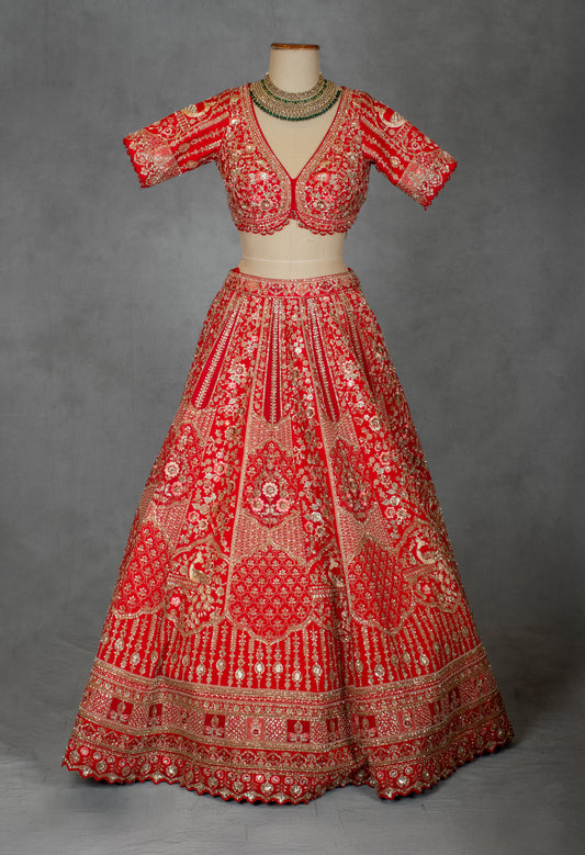 Traditional red bridal lehenga with zari dori and sequin embroidery – product image 2