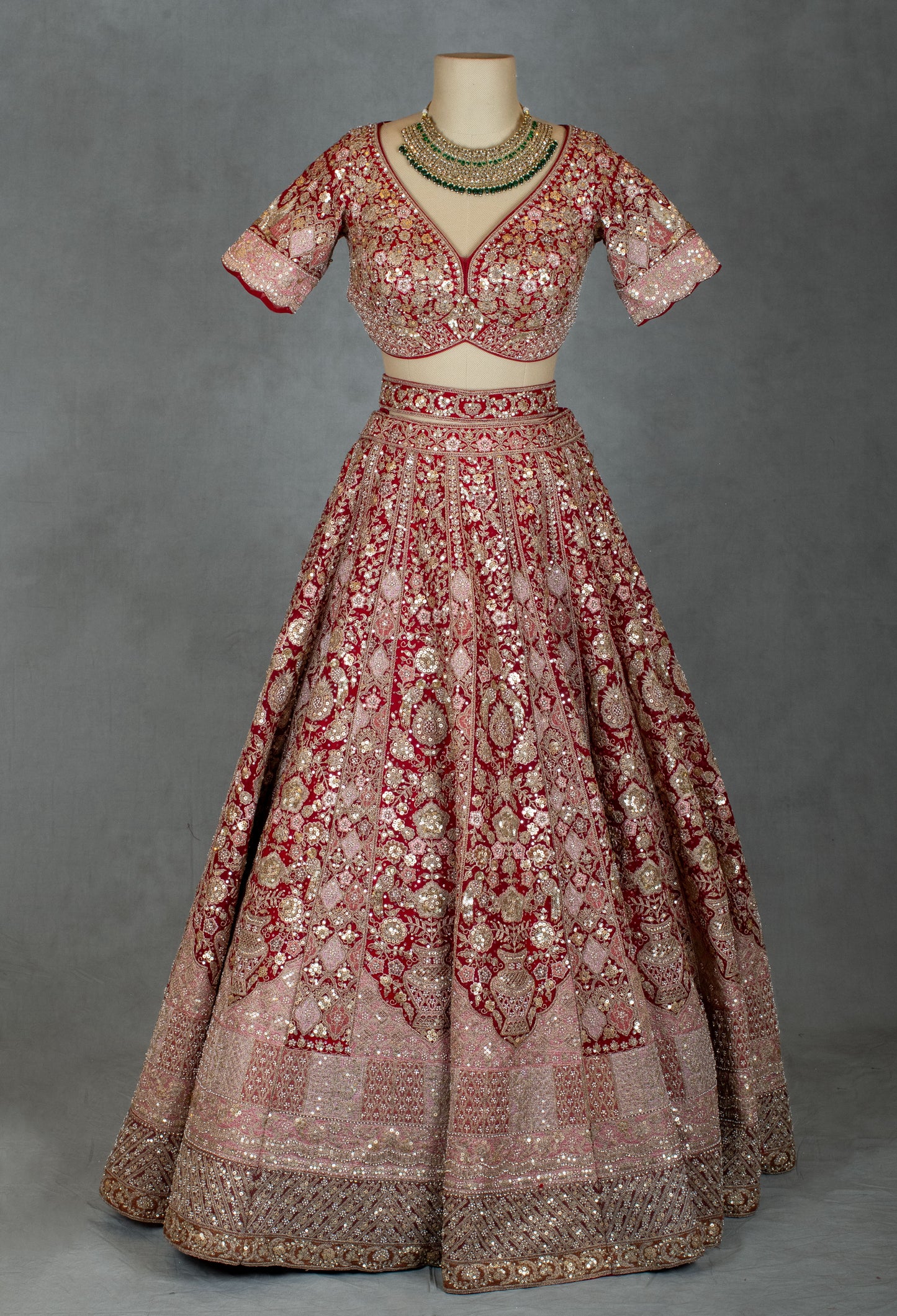 Luxurious Red and Blush Pink Bridal Lehenga Set with Heavy Zardosi, Mirror & Sequin Embroidery