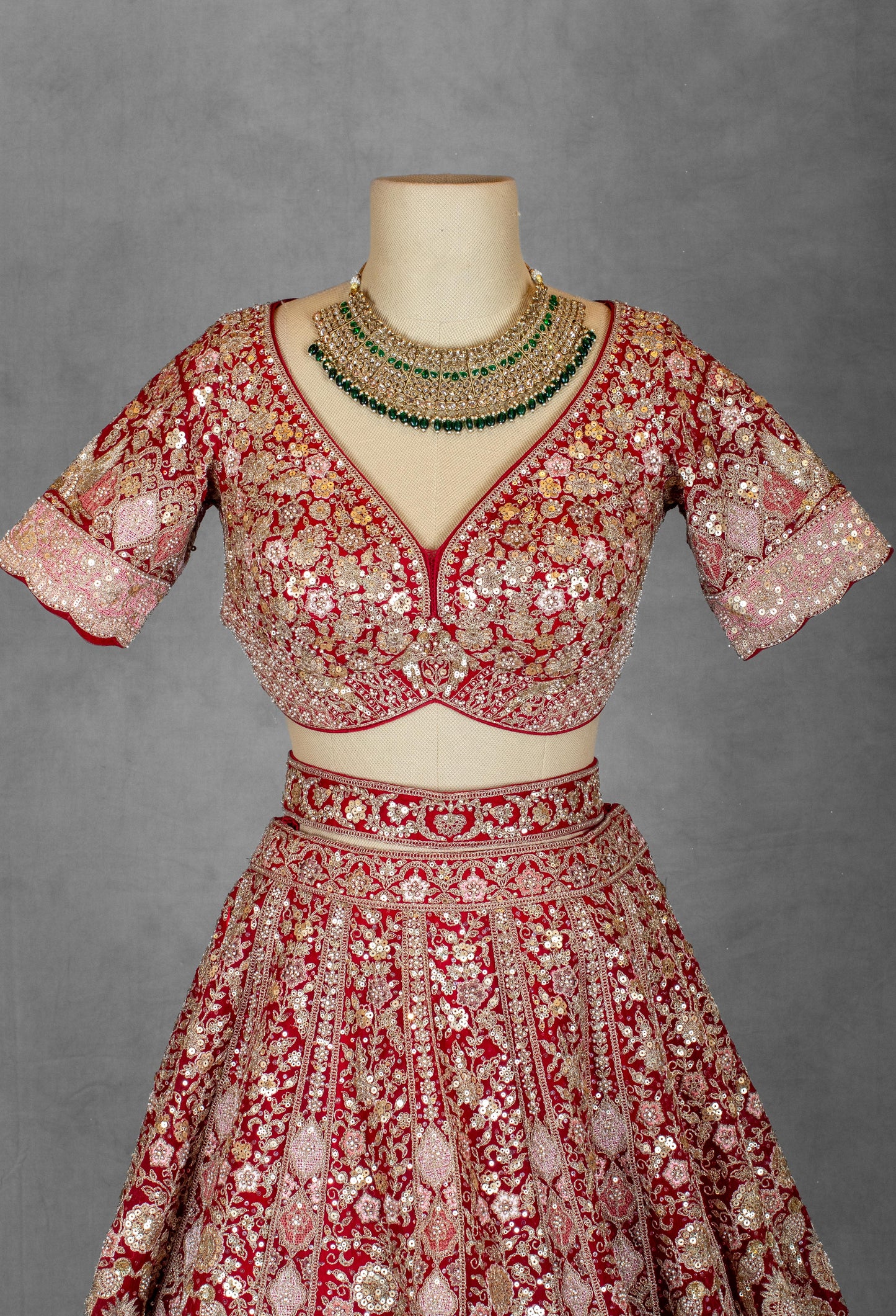 Luxurious Red and Blush Pink Bridal Lehenga Set with Heavy Zardosi, Mirror & Sequin Embroidery