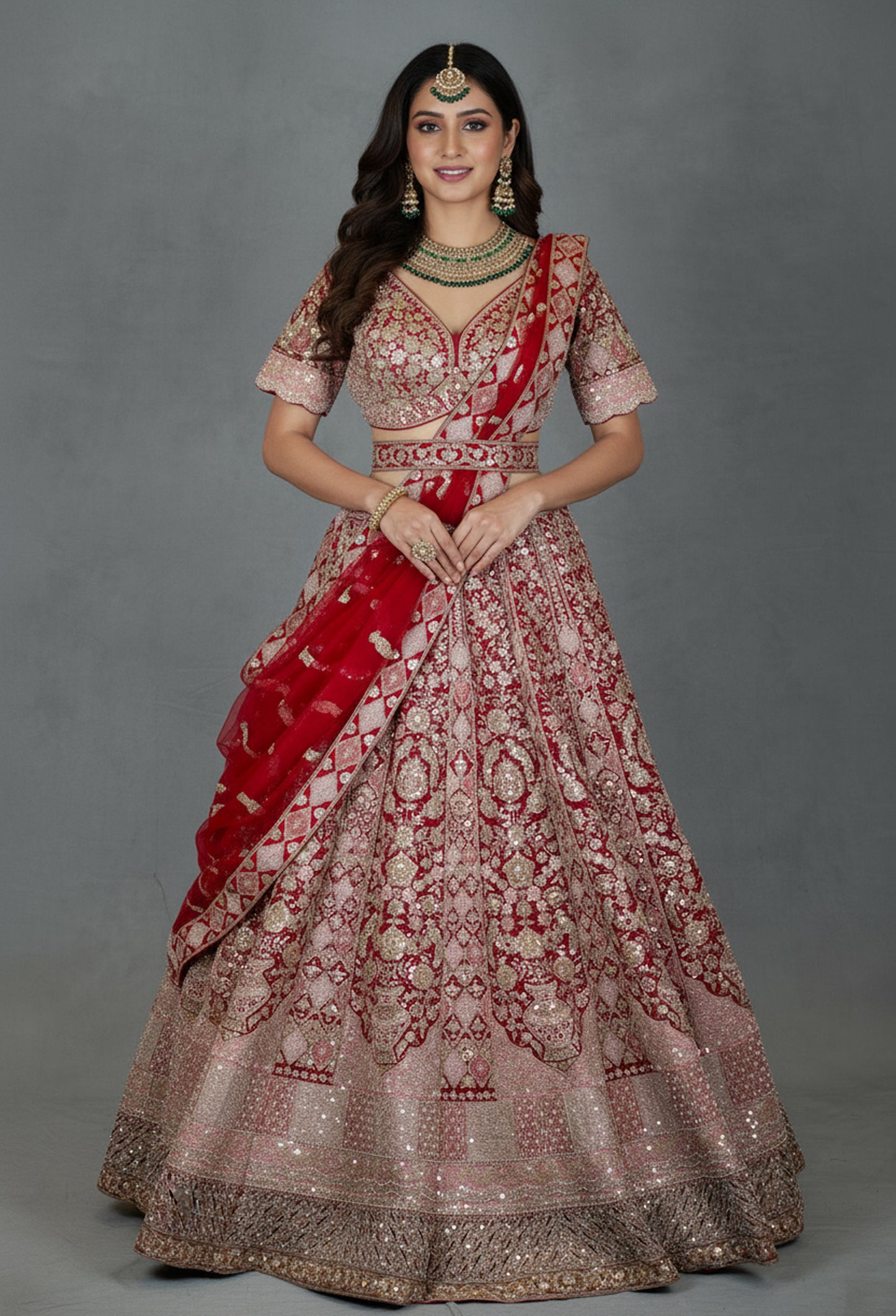 Luxurious Red and Blush Pink Bridal Lehenga Set with Heavy Zardosi, Mirror & Sequin Embroidery