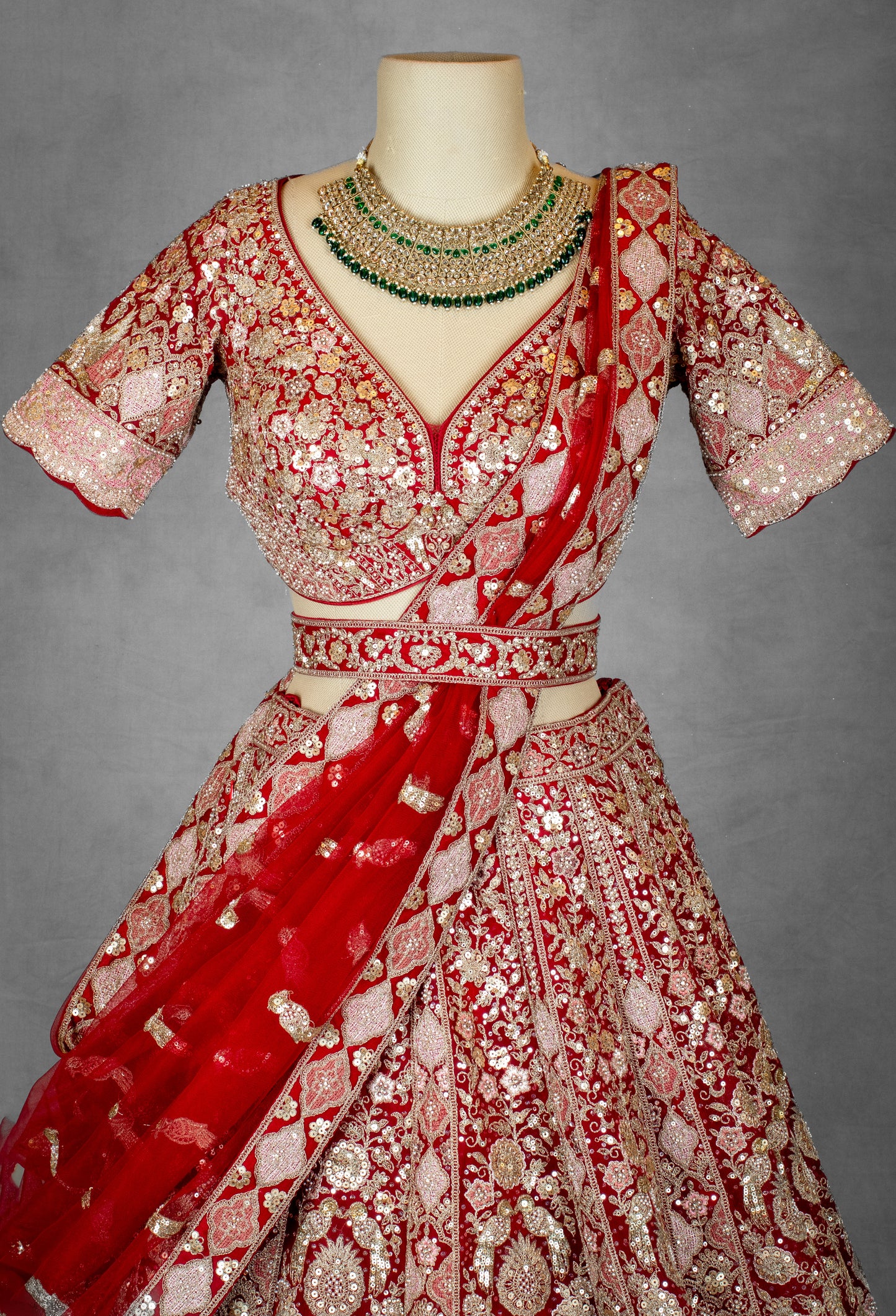 Luxurious Red and Blush Pink Bridal Lehenga Set with Heavy Zardosi, Mirror & Sequin Embroidery