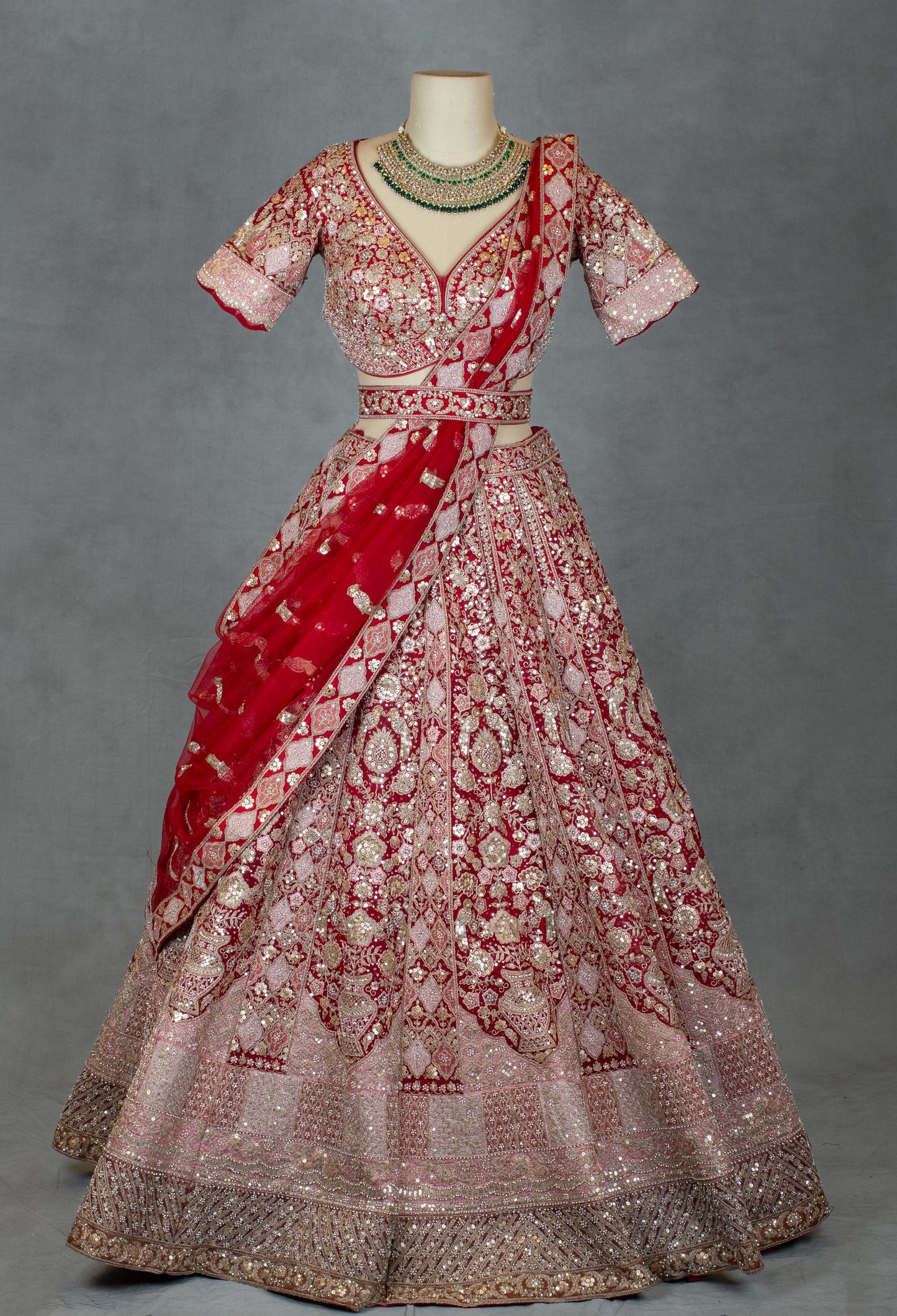 Luxurious Red and Blush Pink Bridal Lehenga Set with Heavy Zardosi, Mirror & Sequin Embroidery
