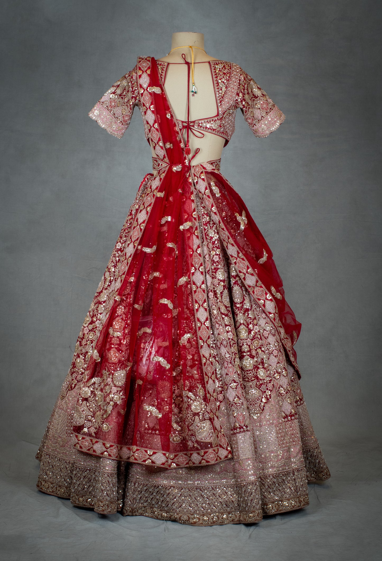 Luxurious Red and Blush Pink Bridal Lehenga Set with Heavy Zardosi, Mirror & Sequin Embroidery