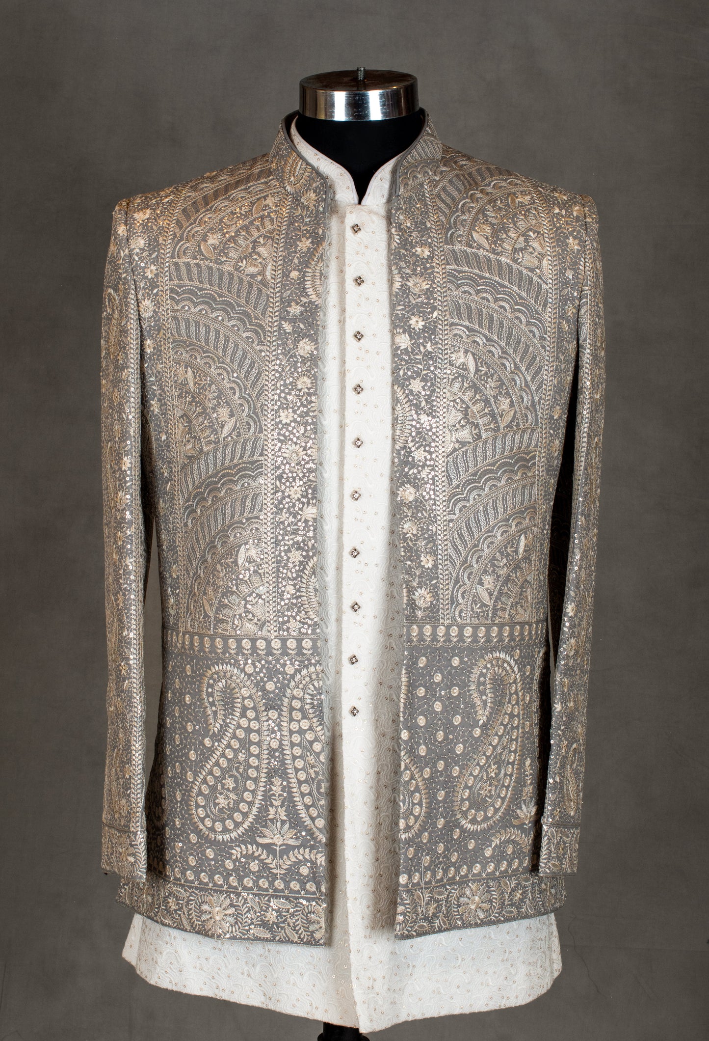 Luxury Silver Embroidered Sherwani for Men | Wedding & Reception Outfit