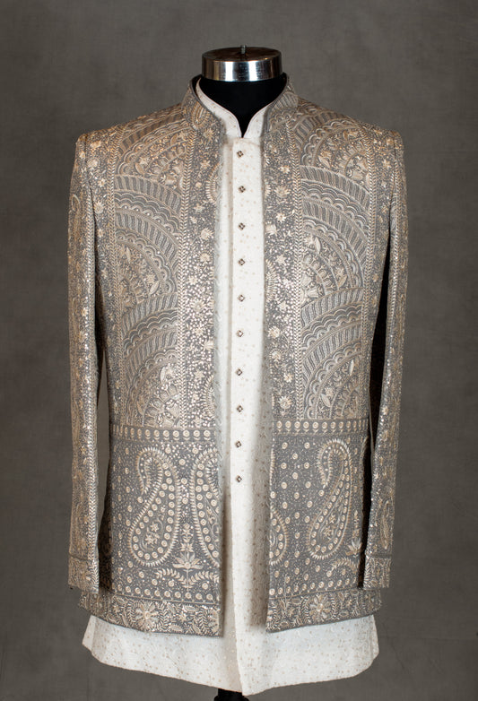 Luxury Silver Embroidered Sherwani for Men | Wedding & Reception Outfit