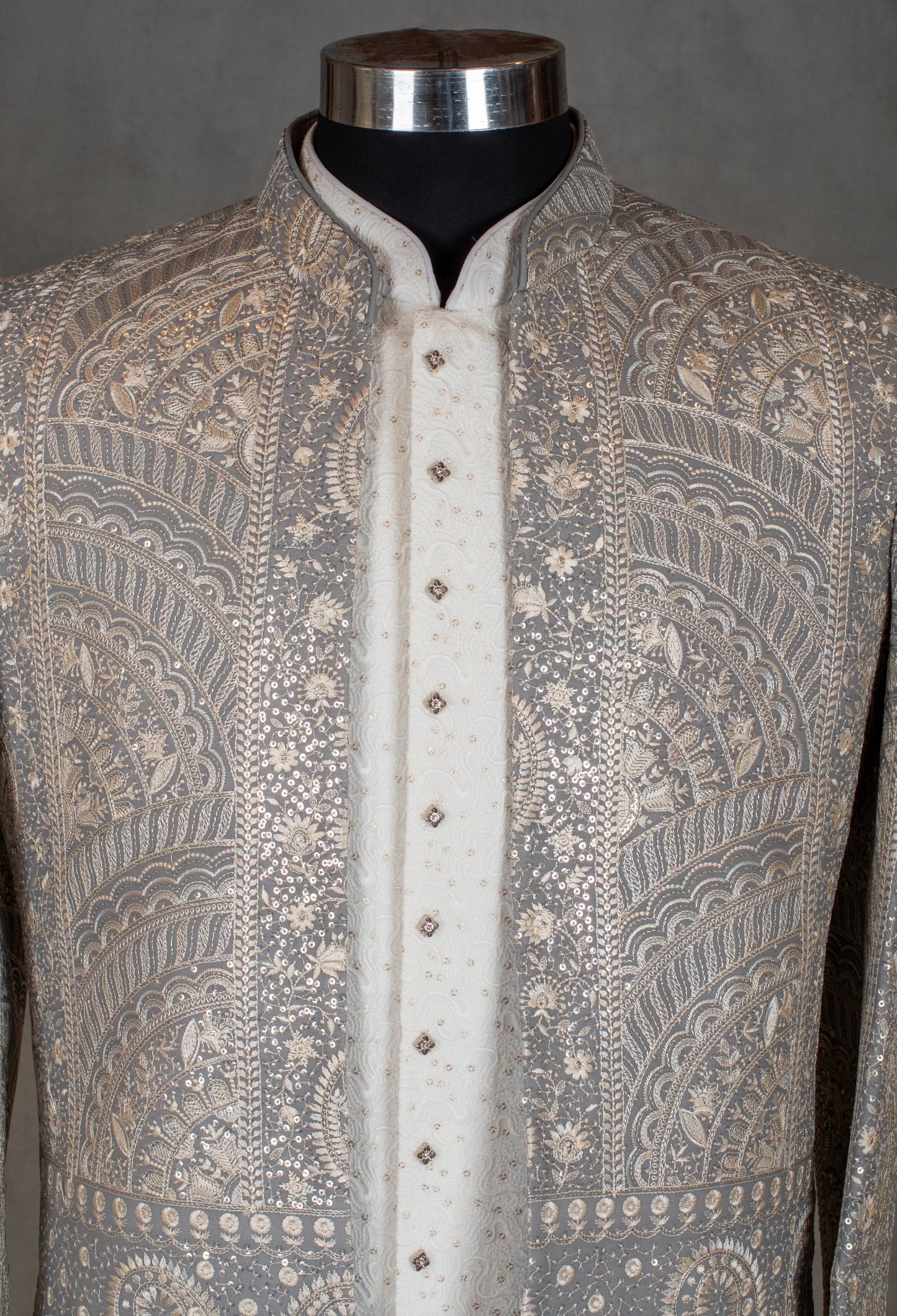 Luxury Silver Embroidered Sherwani for Men | Wedding & Reception Outfit