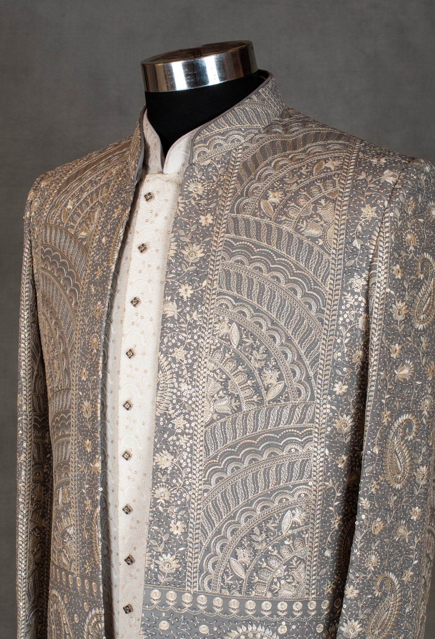 Luxury Silver Embroidered Sherwani for Men | Wedding & Reception Outfit