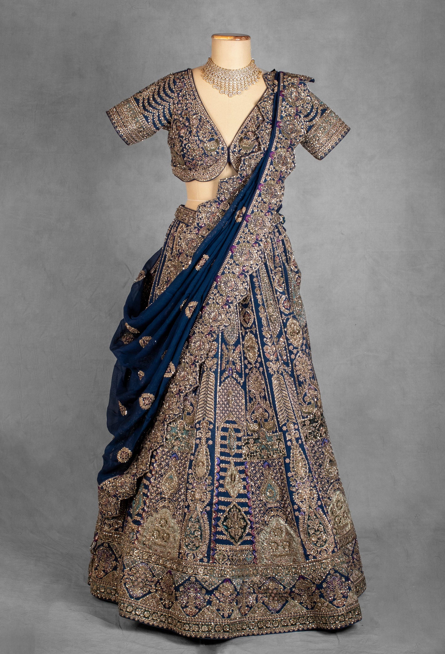 Regal Navy Blue Hand-Embroidered Bridal Lehenga with Heavy Zardosi and Sequins Work