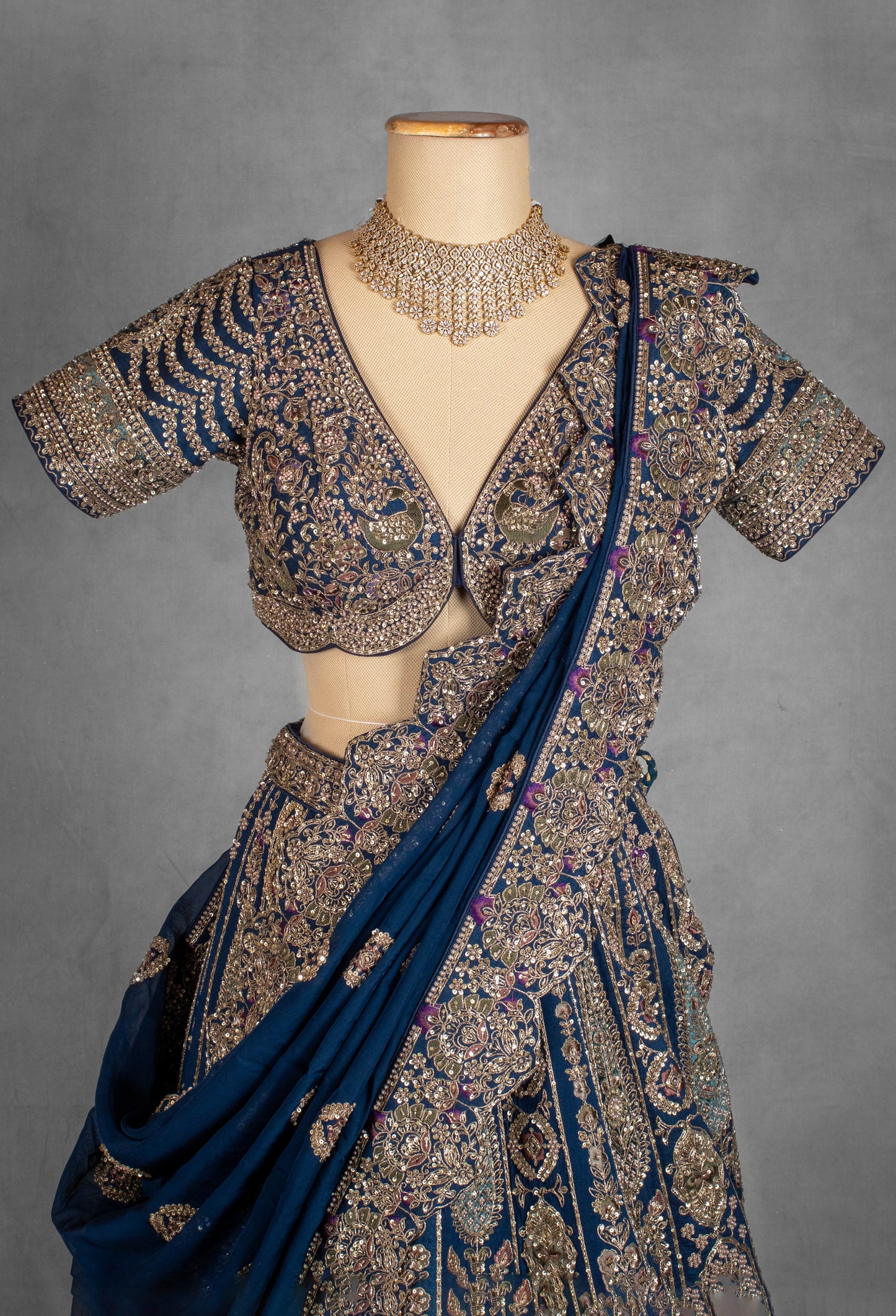 Regal Navy Blue Hand-Embroidered Bridal Lehenga with Heavy Zardosi and Sequins Work
