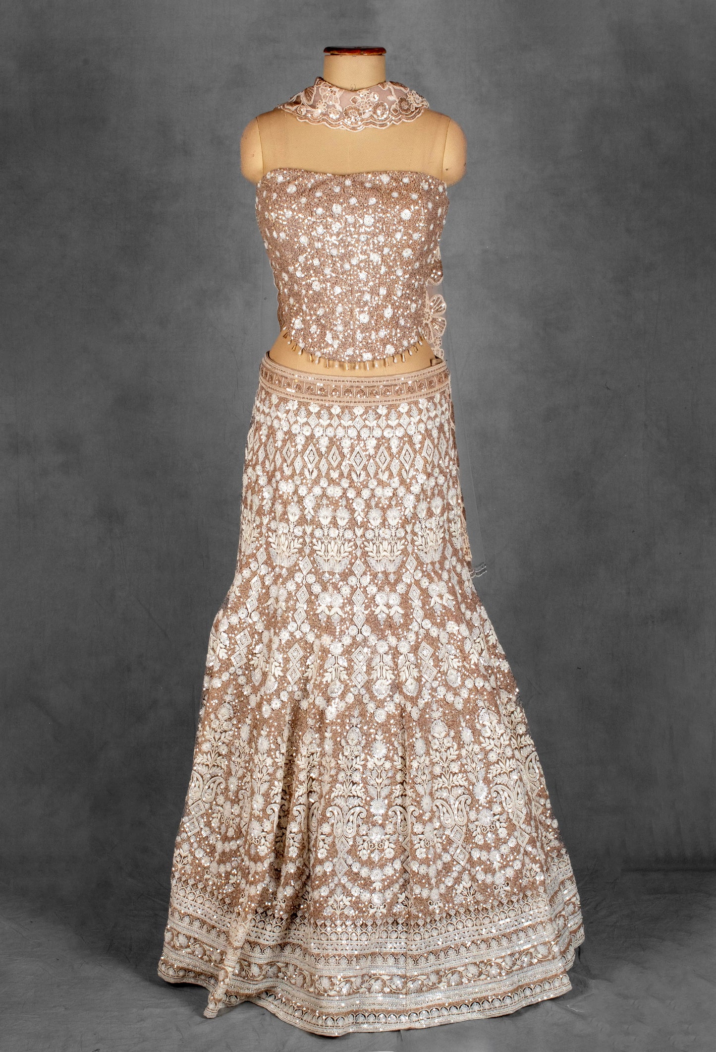 Champagne Gold Strapless Crop Top Lehenga Set with Heavy Sequin & Zari Embroidery