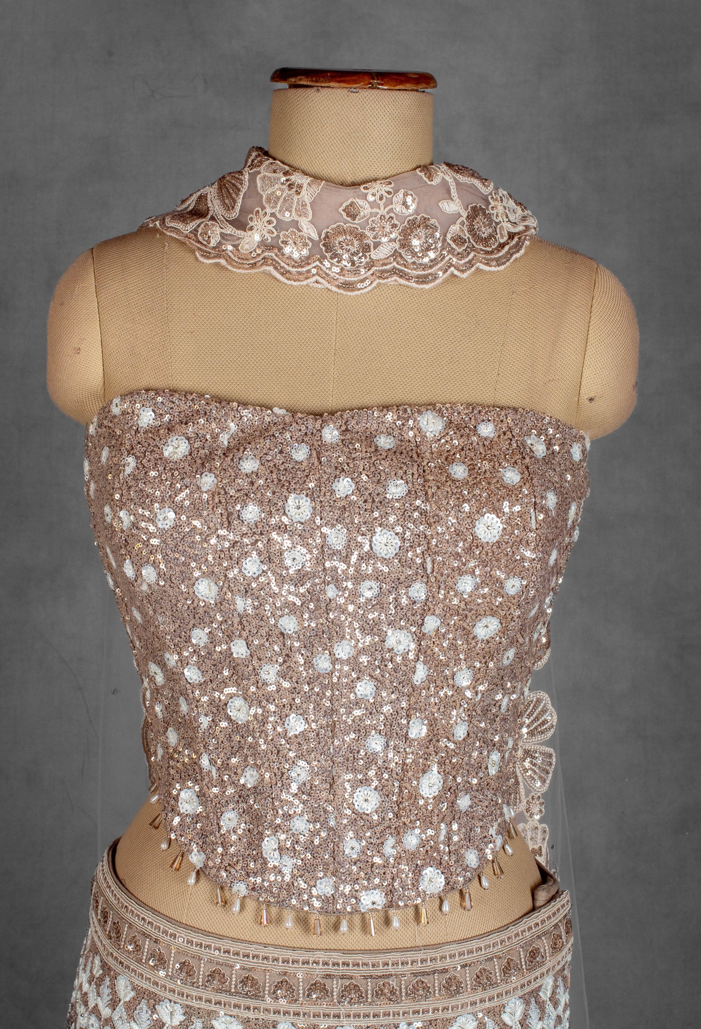 Champagne Gold Strapless Crop Top Lehenga Set with Heavy Sequin & Zari Embroidery