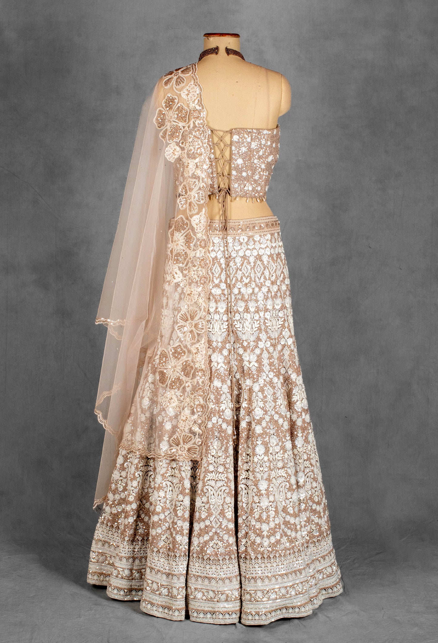 Champagne Gold Strapless Crop Top Lehenga Set with Heavy Sequin & Zari Embroidery