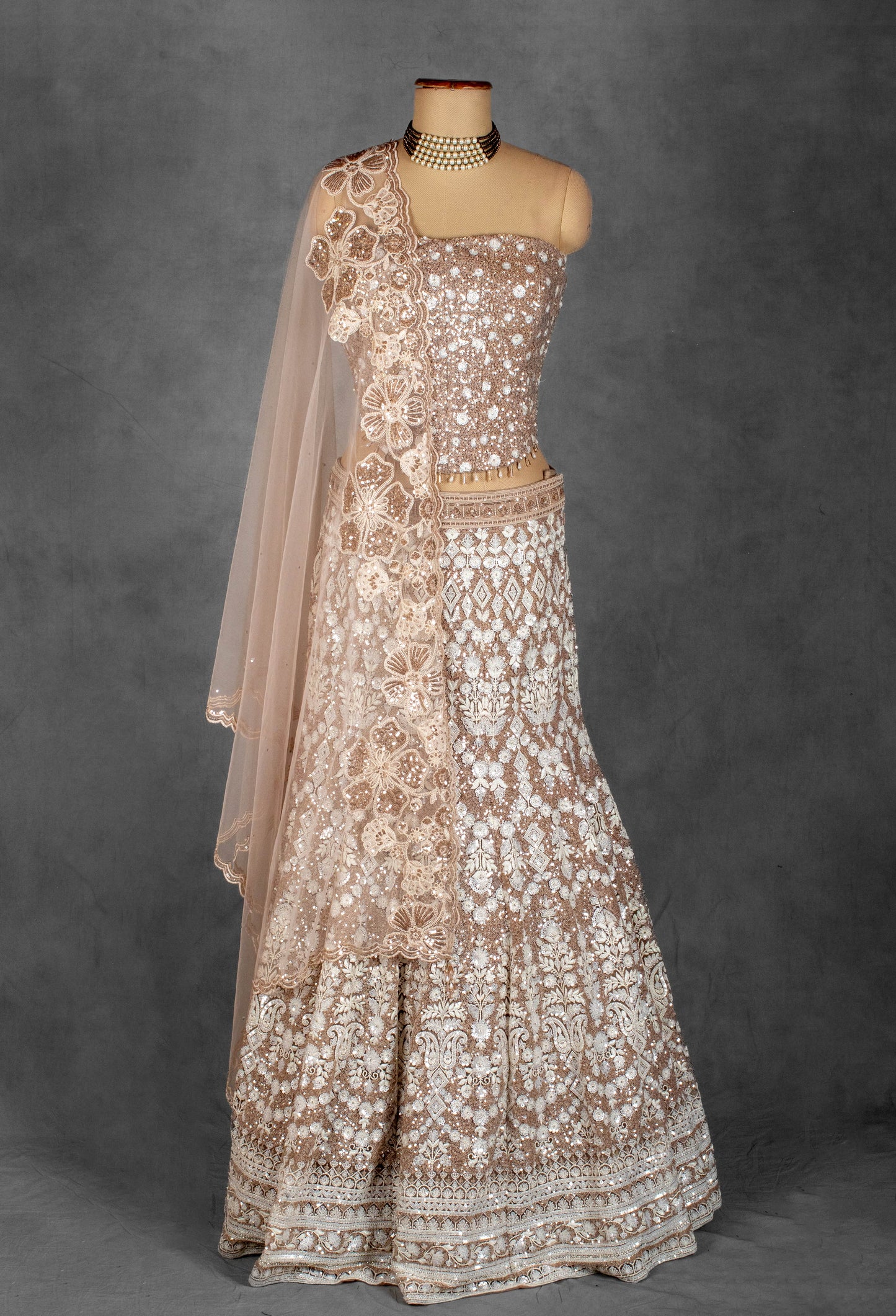 Champagne Gold Strapless Crop Top Lehenga Set with Heavy Sequin & Zari Embroidery