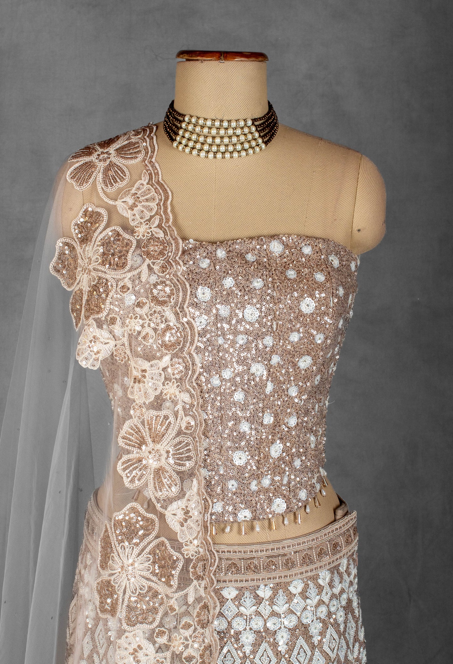 Champagne Gold Strapless Crop Top Lehenga Set with Heavy Sequin & Zari Embroidery