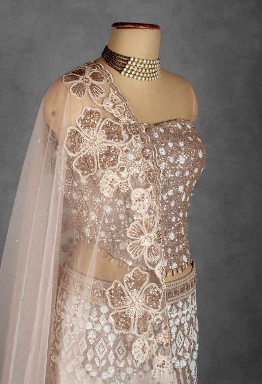 Champagne Gold Strapless Crop Top Lehenga Set with Heavy Sequin & Zari Embroidery