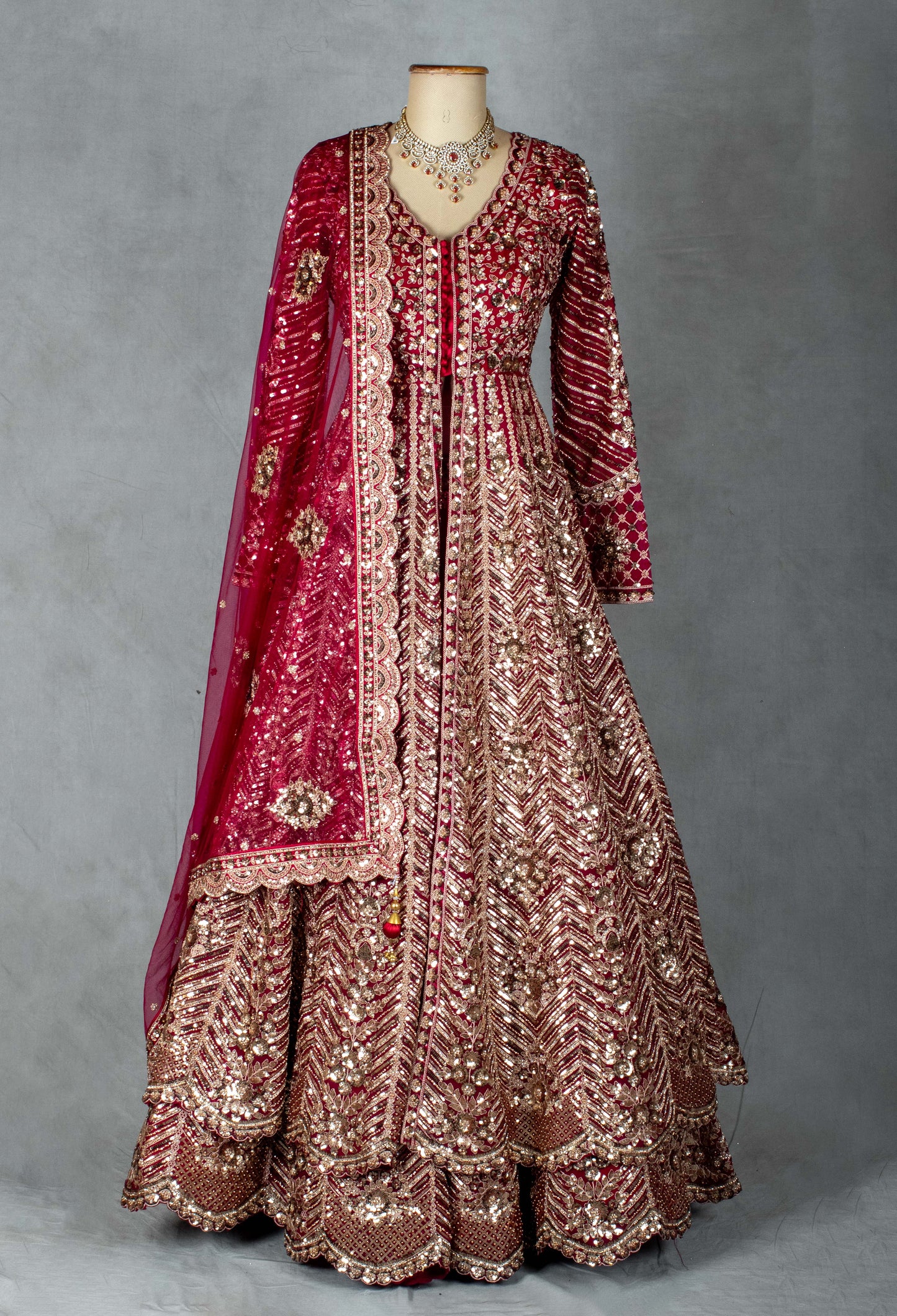 Ruby Red Anarkali Style Bridal Lehenga