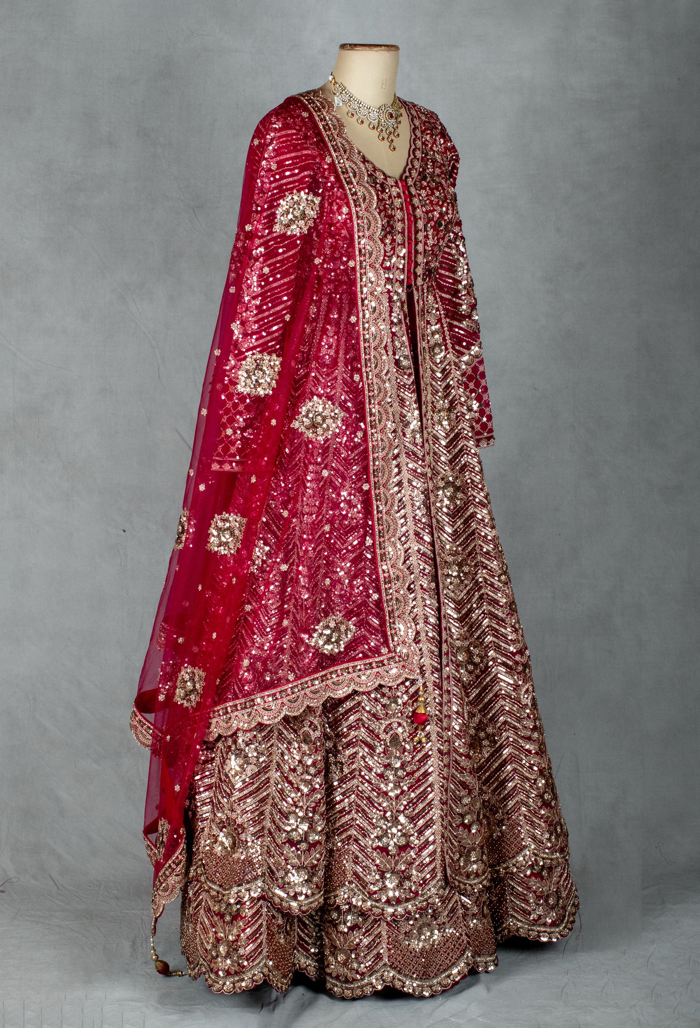 Ruby Red Anarkali Style Bridal Lehenga