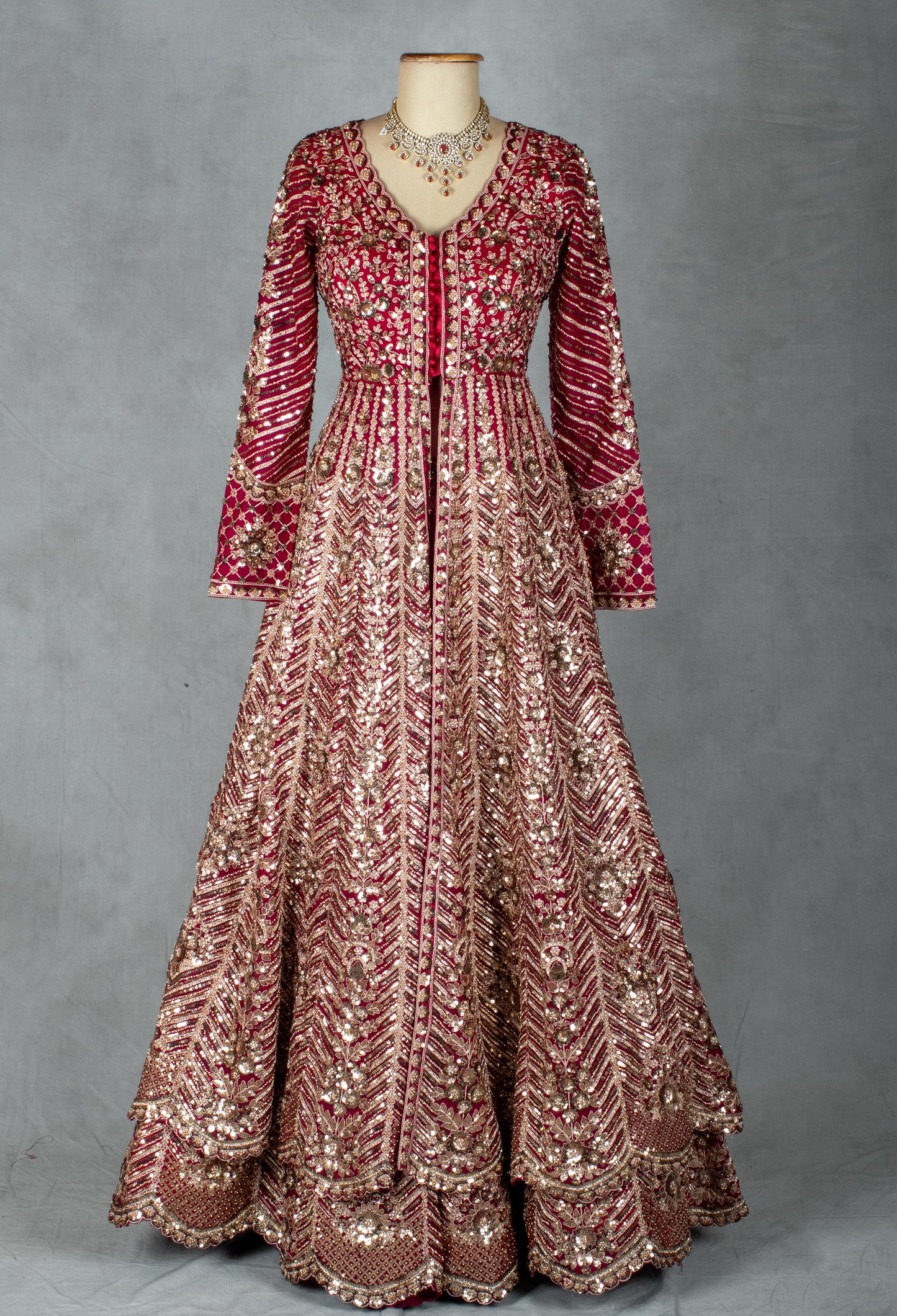 Ruby Red Anarkali Style Bridal Lehenga