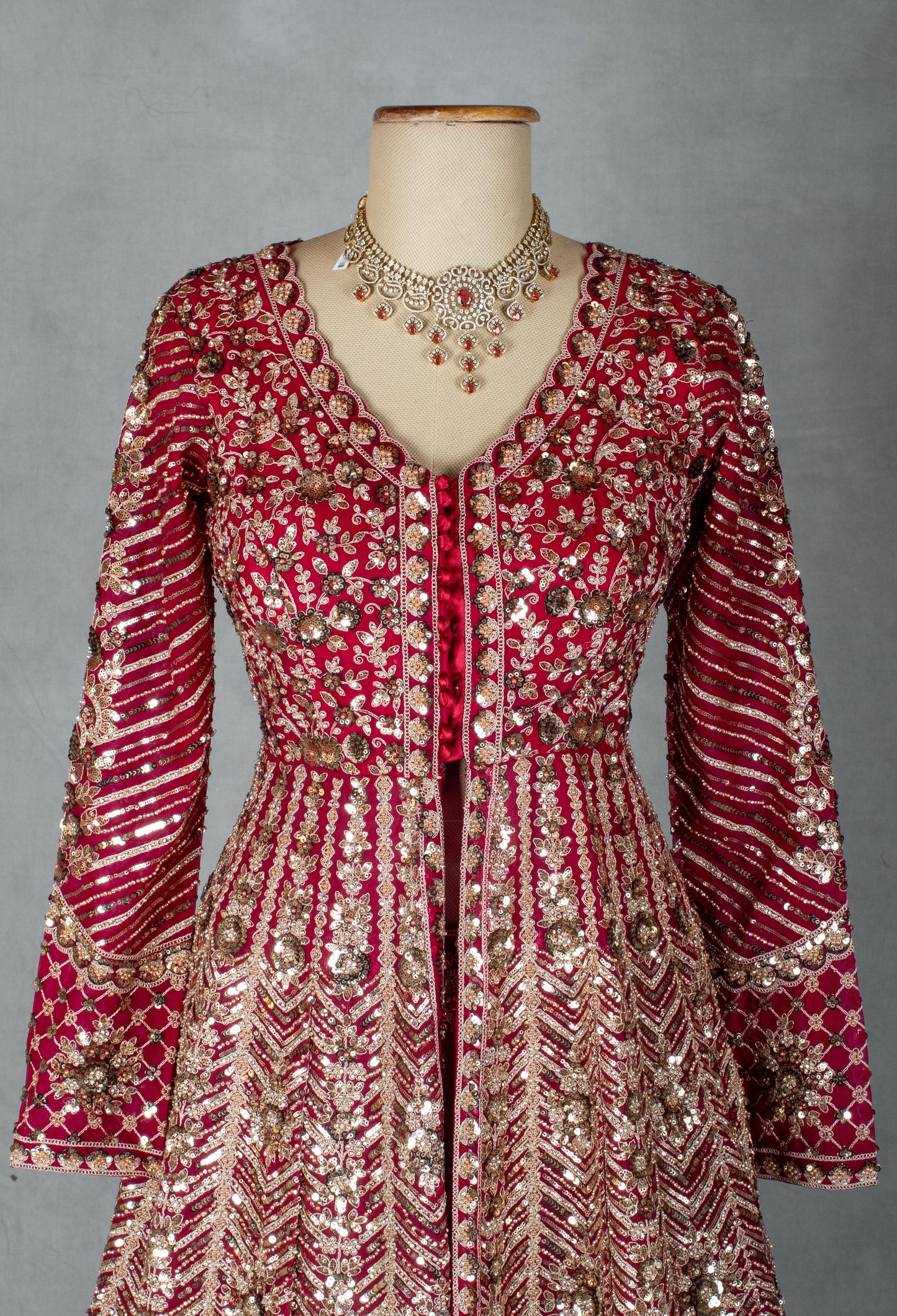 Ruby Red Anarkali Style Bridal Lehenga