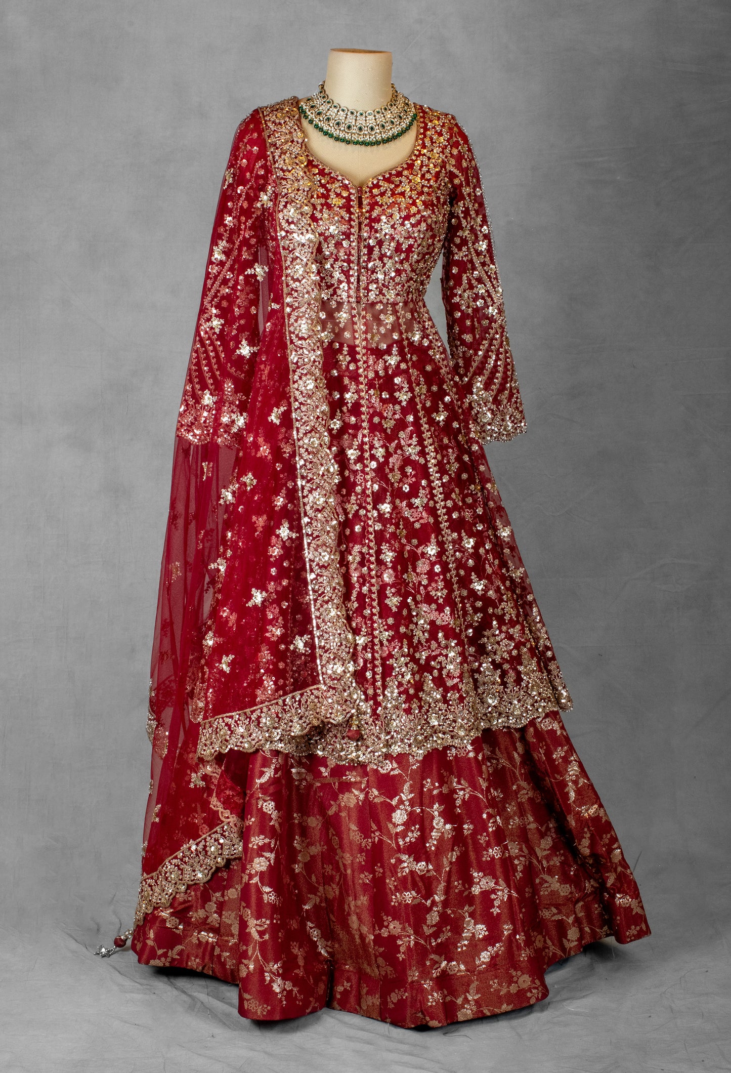 Bridal Red Gown with Heavy Zari & Sequin Embroidery – Floor-Length Anarkali Sty