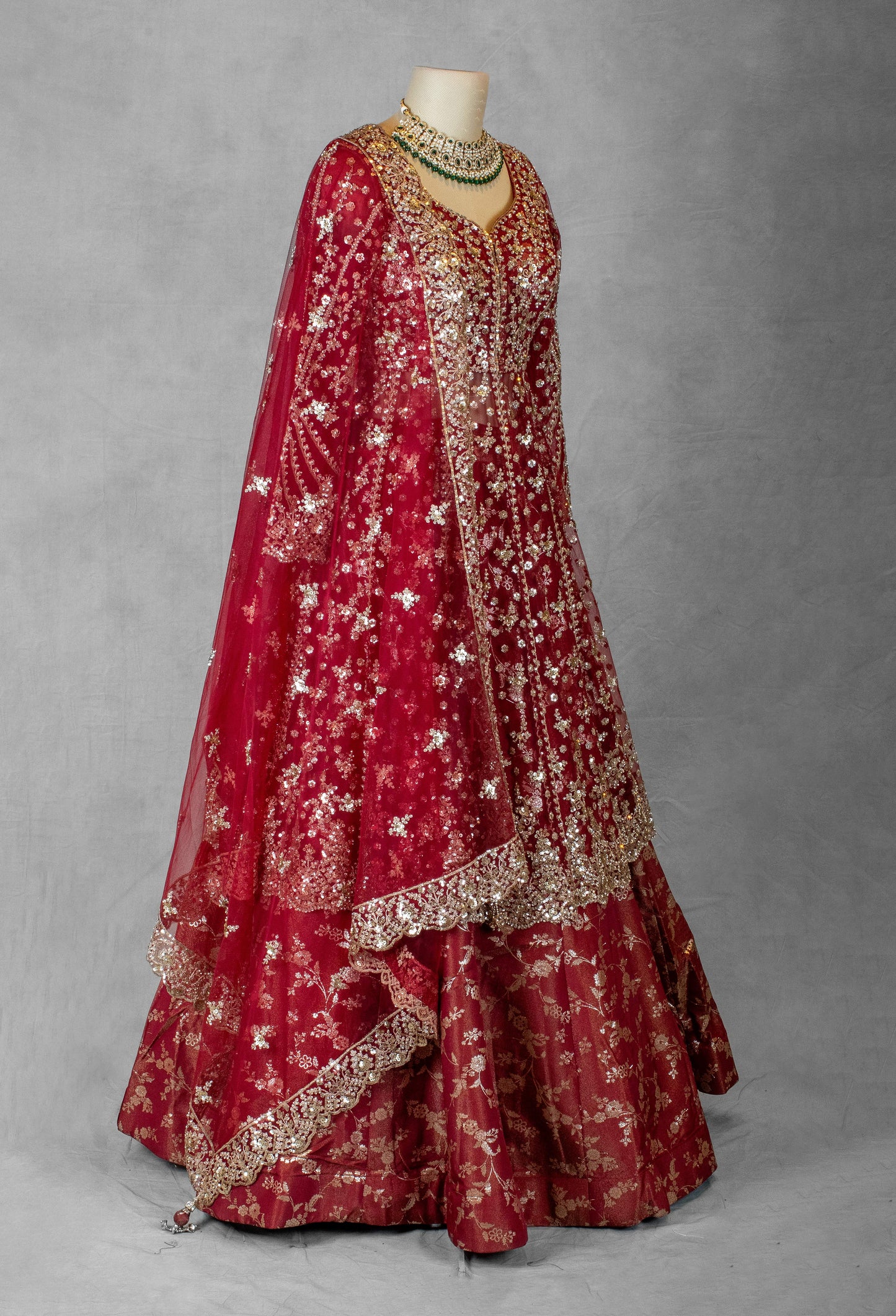 Bridal Red Gown with Heavy Zari & Sequin Embroidery – Floor-Length Anarkali Sty