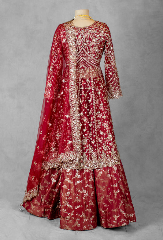 Bridal red Anarkali gown with zari and sequin embroidery – product image 2