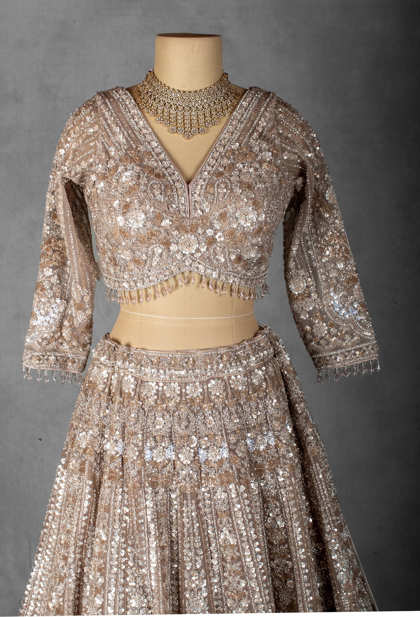 Champagne Gold Heavy Embroidered Bridal Lehenga Set with Sequin and Zari Work