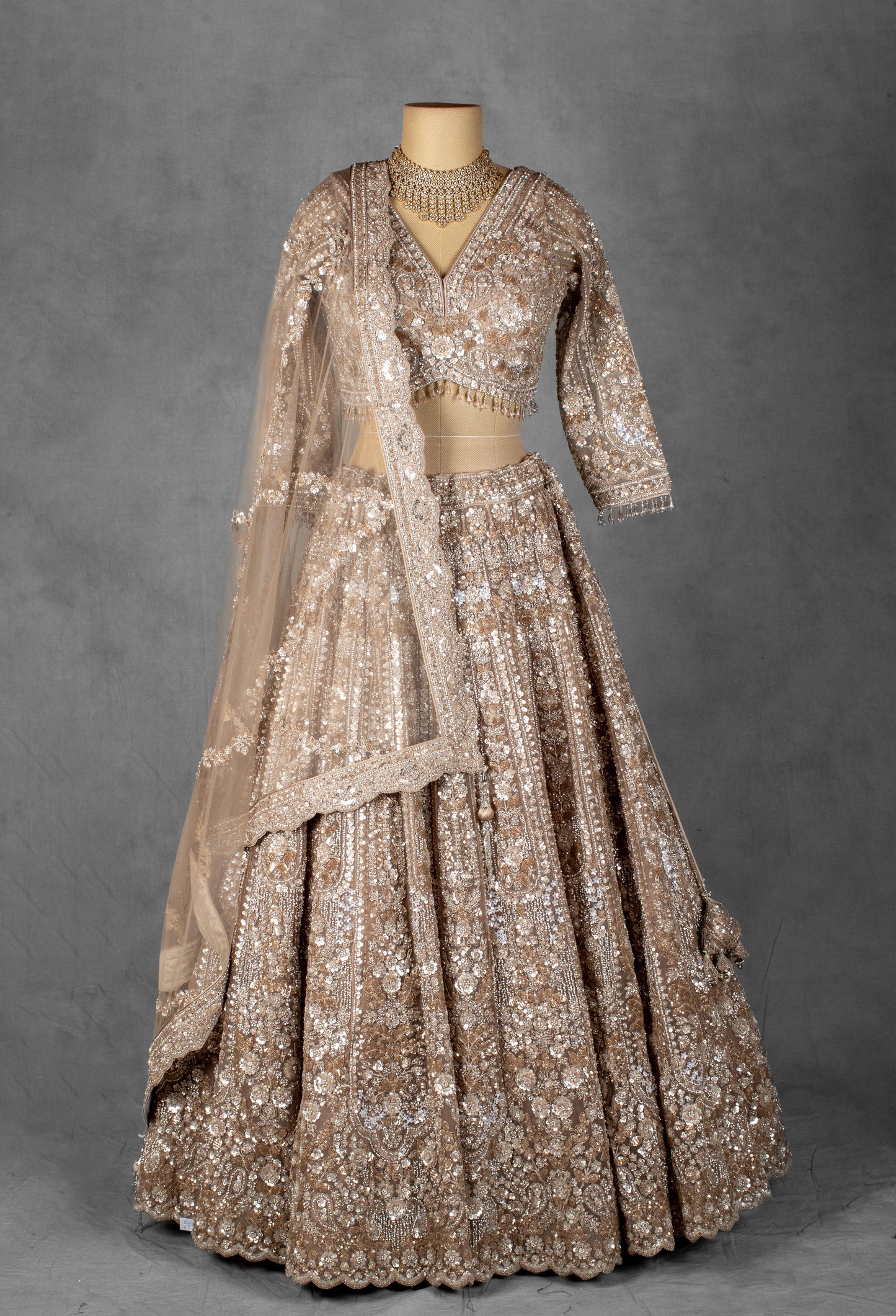 Champagne Gold Heavy Embroidered Bridal Lehenga Set with Sequin and Zari Work