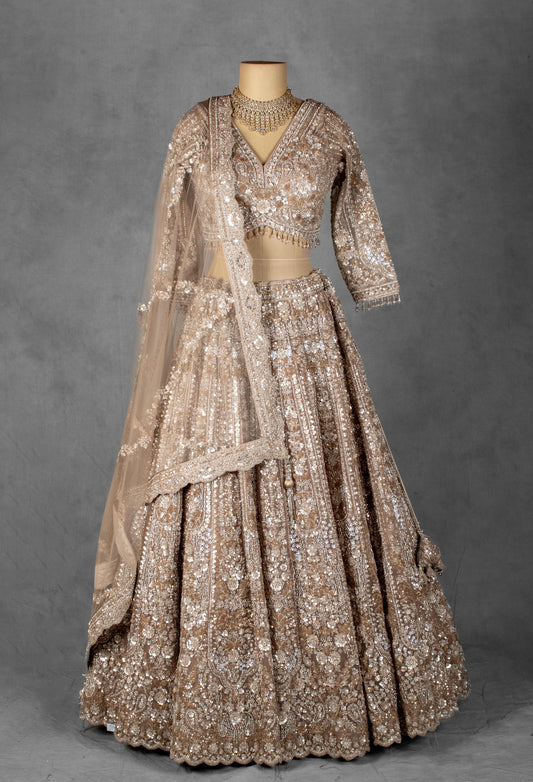 Champagne Gold Heavy Embroidered Bridal Lehenga Set with Sequin and Zari Work