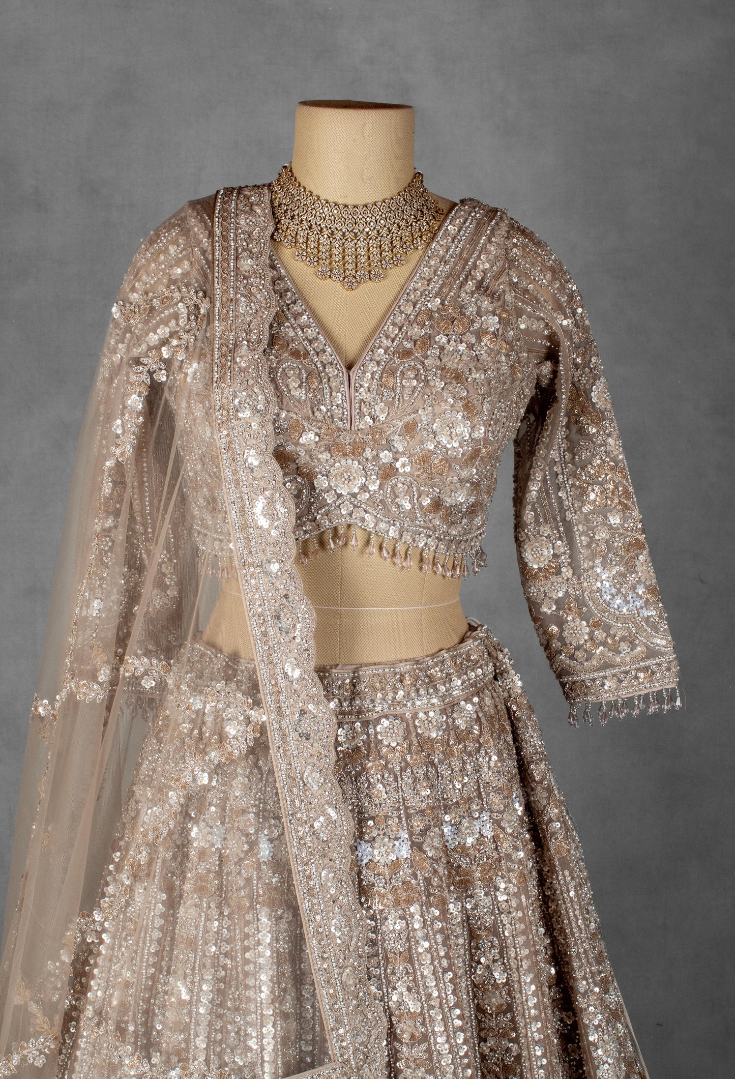 Champagne Gold Heavy Embroidered Bridal Lehenga Set with Sequin and Zari Work