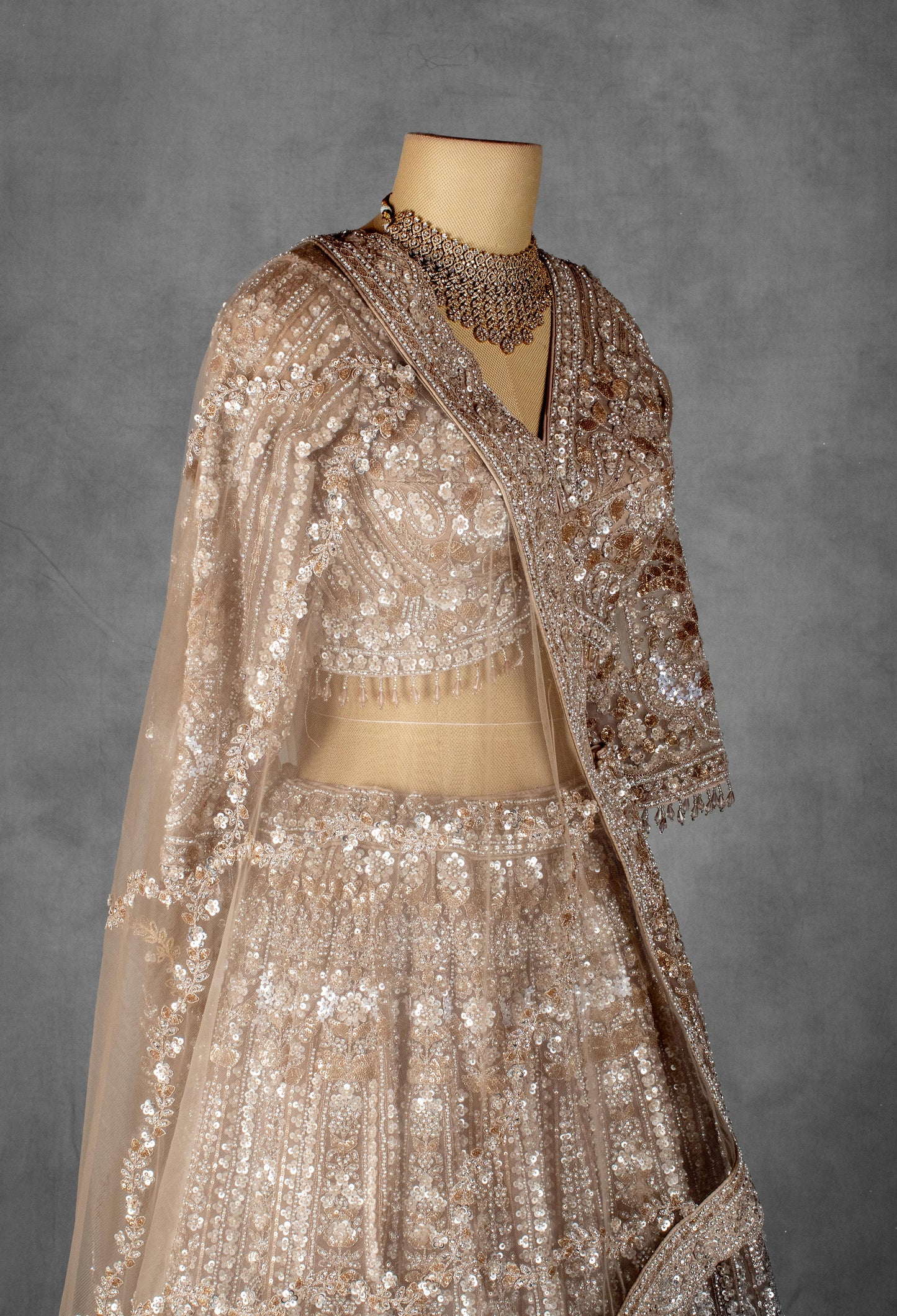 Champagne Gold Heavy Embroidered Bridal Lehenga Set with Sequin and Zari Work