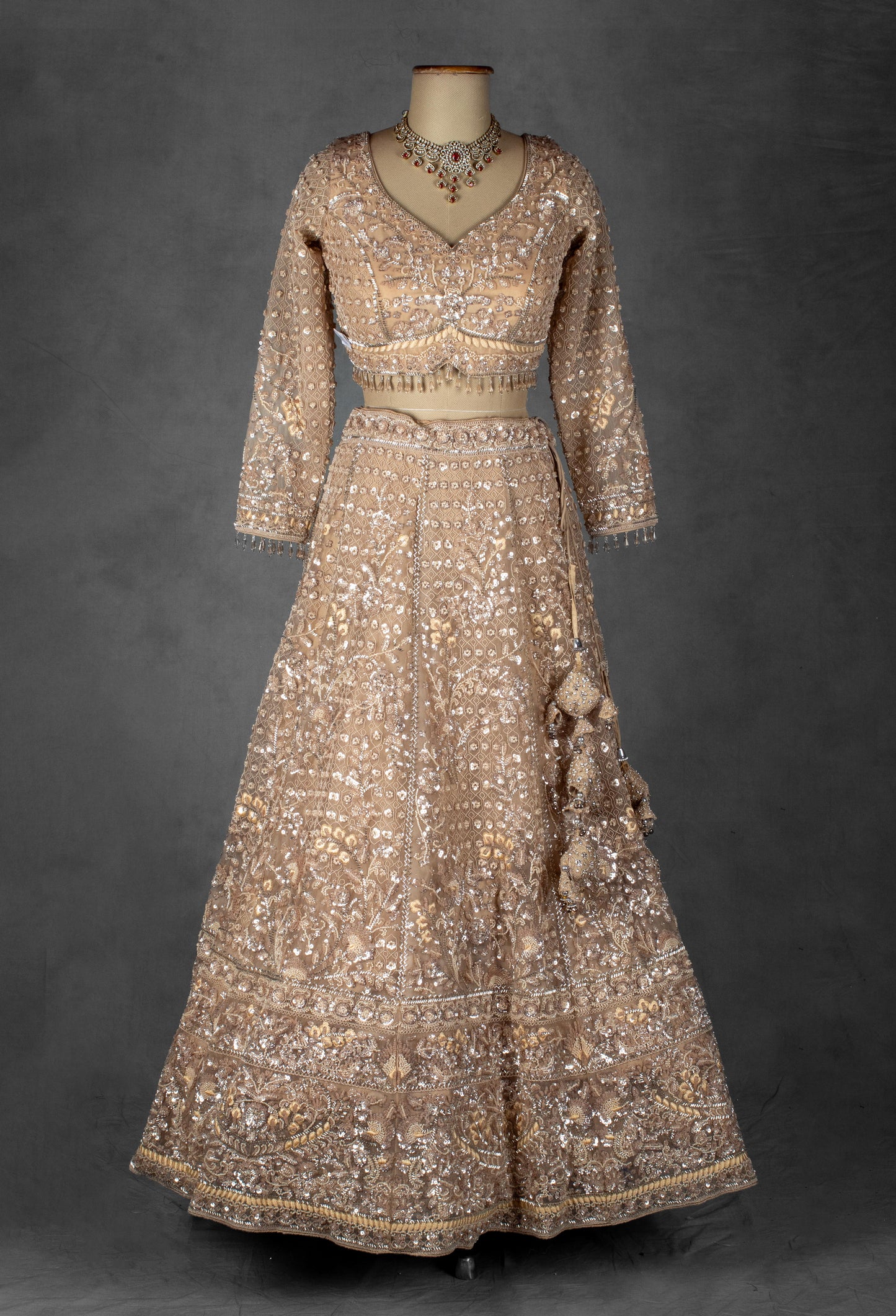 Champagne Gold Hand-Embroidered Sequin Lehenga with Sheer Dupatta & Full Sleeves Blouse
