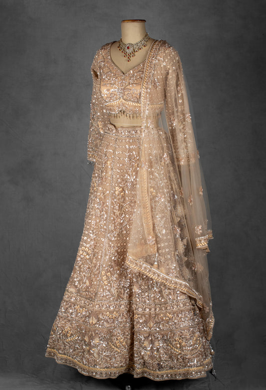 Champagne Gold Hand-Embroidered Sequin Lehenga with Sheer Dupatta & Full Sleeves Blouse
