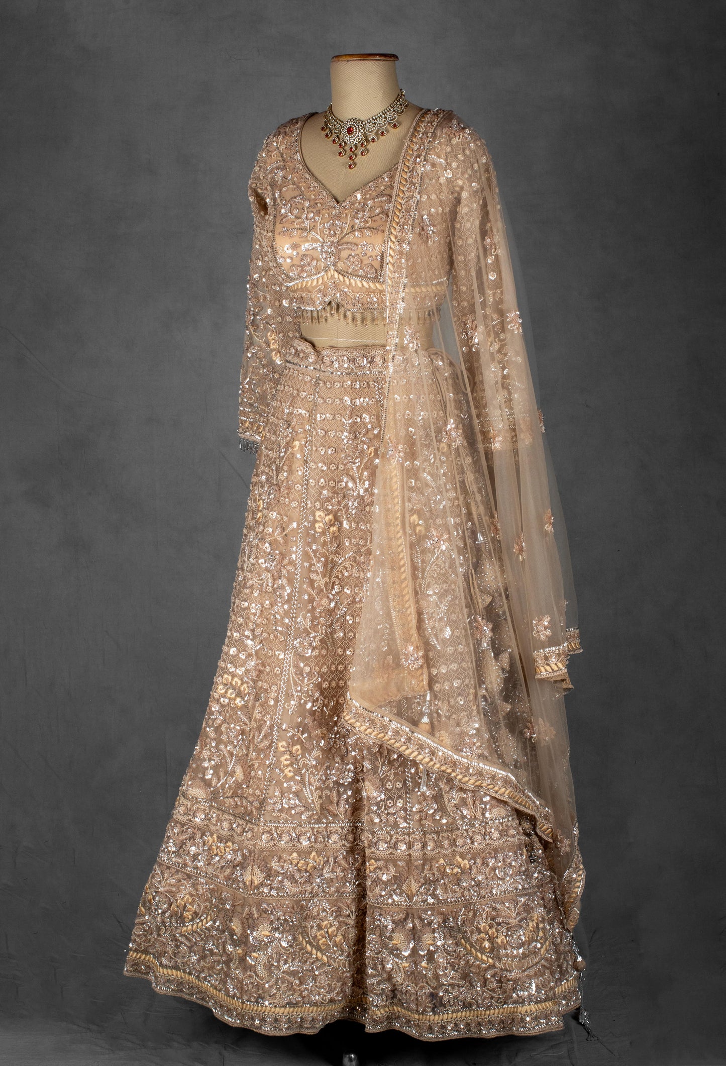 Champagne Gold | Champagne gold sequin embroidered lehenga with full-sleeve blouse – product image 1 | 1