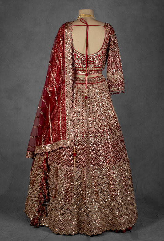 Red hand-embroidered bridal lehenga with zari, sequins and beadwork – product image 2