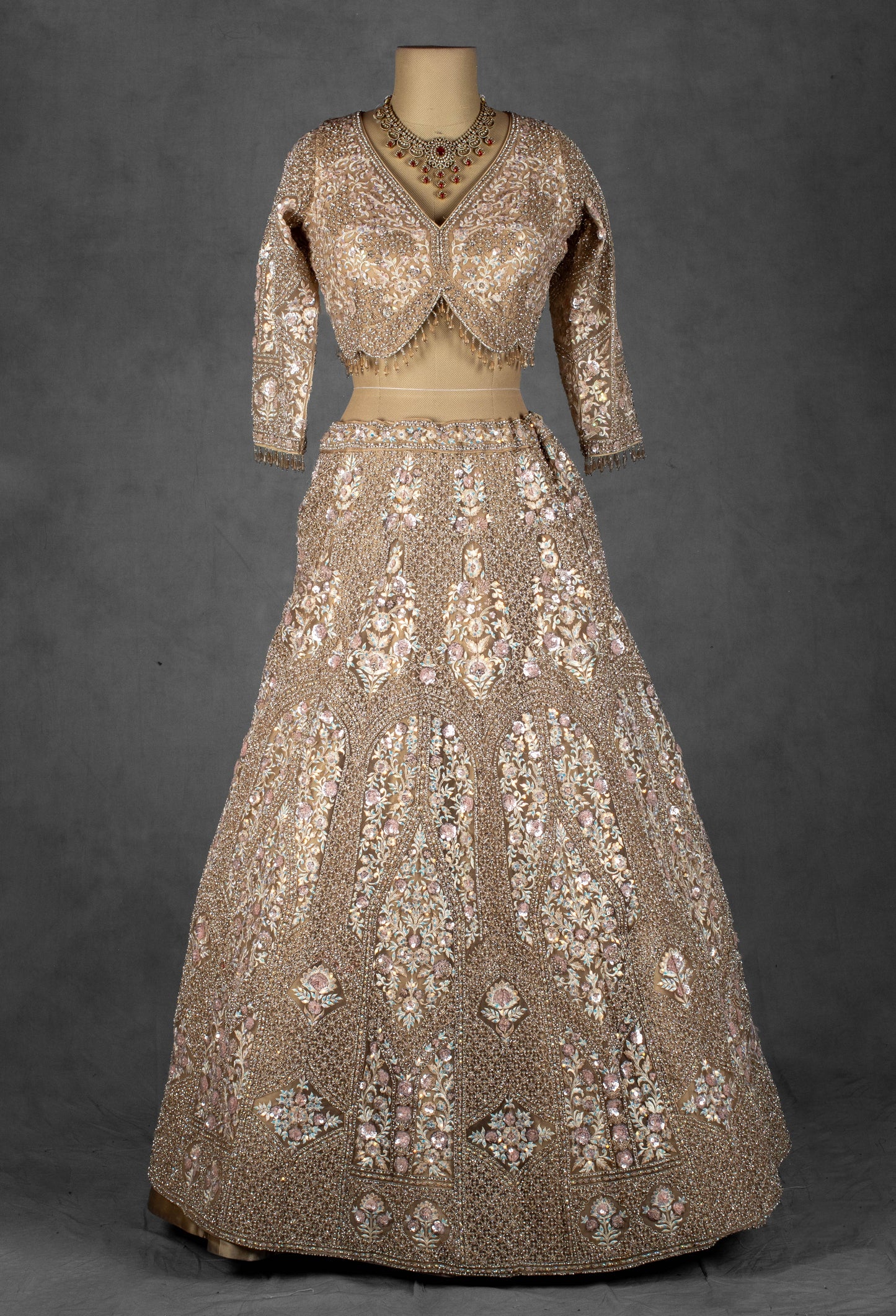 Nude Gold Embellished Lehenga Set with Full Sleeve Crop Top & Net Dupatta