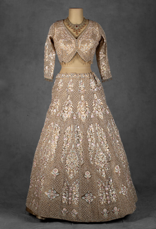 Nude Gold Embellished Lehenga Set with Full Sleeve Crop Top & Net Dupatta