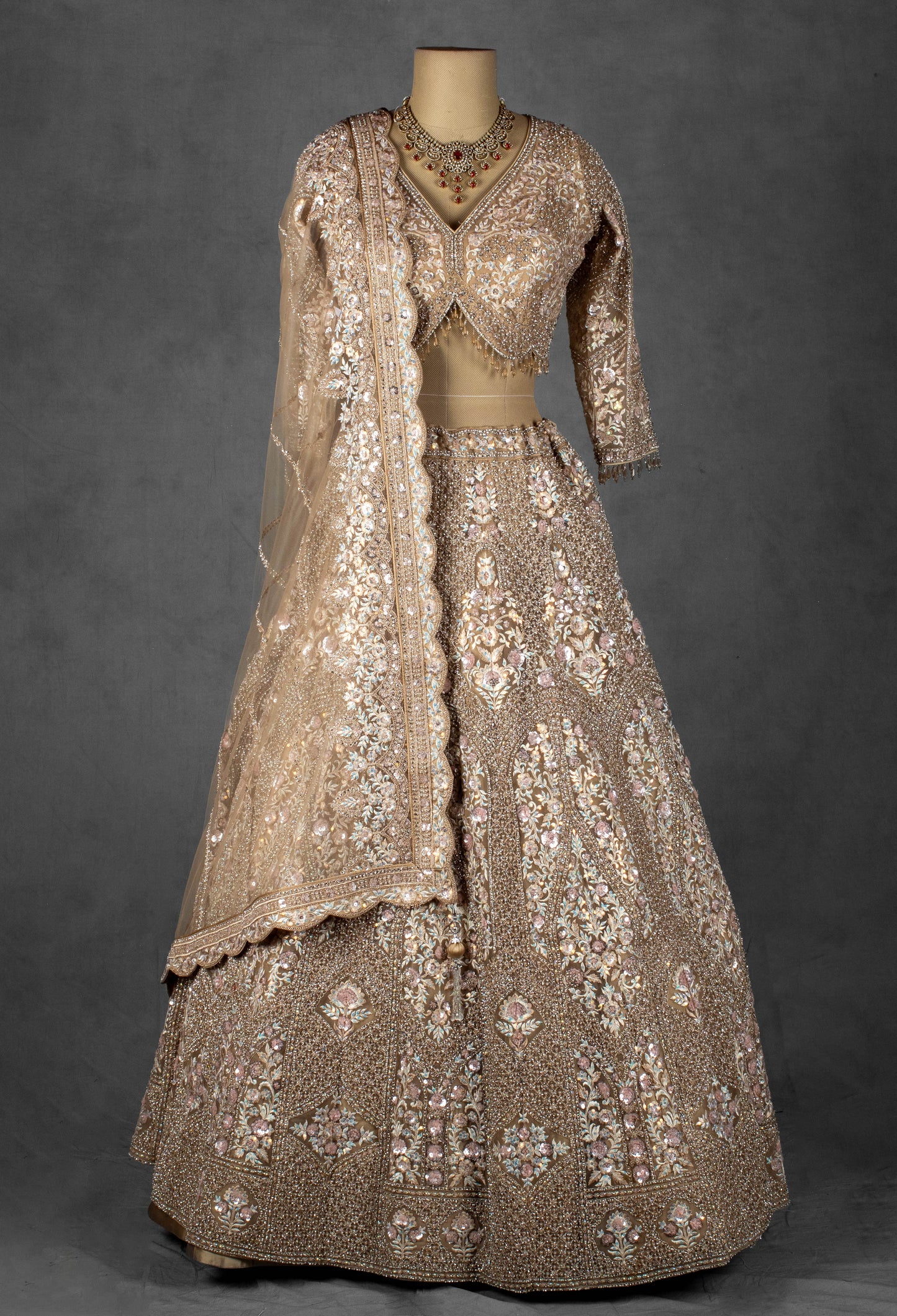 Nude Gold Embellished Lehenga Set with Full Sleeve Crop Top & Net Dupatta