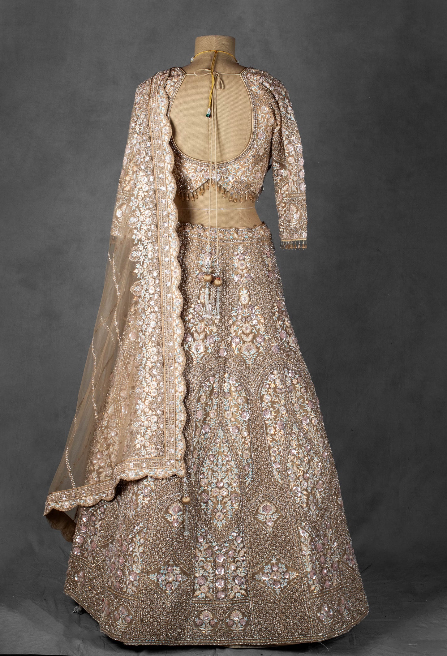 Nude Gold Embellished Lehenga Set with Full Sleeve Crop Top & Net Dupatta