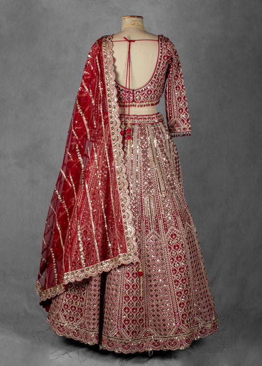 Deep red embellished bridal lehenga with scalloped dupatta – product image 2