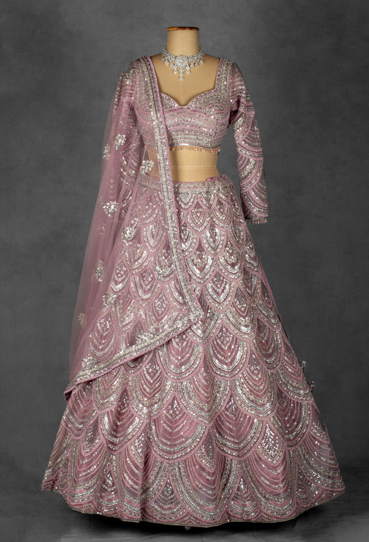 Blush Pink Sequin Embellished Bridal Lehenga Set with Net Dupatta and Full Sleeves