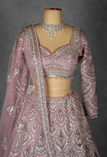 Blush Pink Sequin Embellished Bridal Lehenga Set with Net Dupatta and Full Sleeves