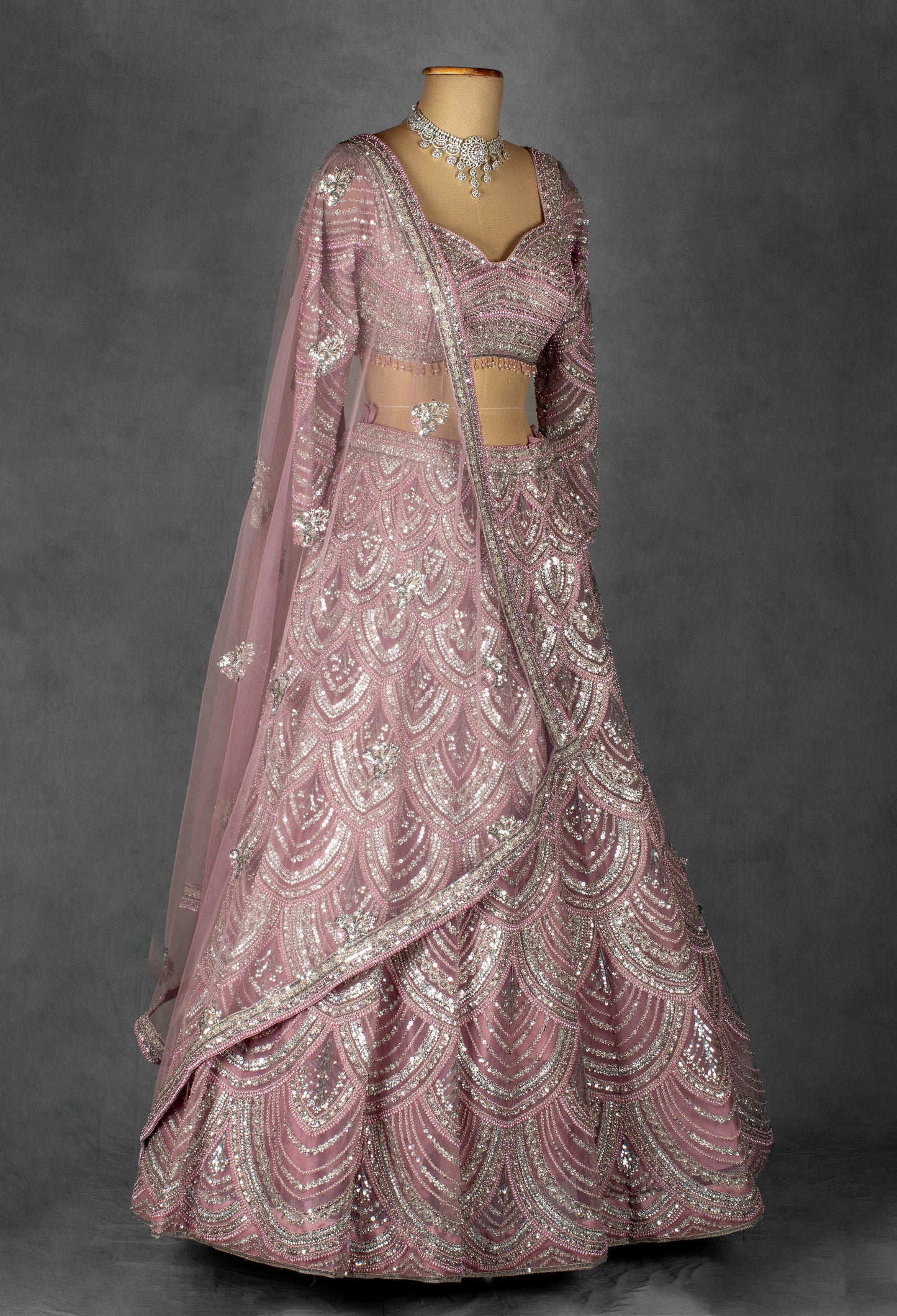 Blush Pink Sequin Embellished Bridal Lehenga Set with Net Dupatta and Full Sleeves