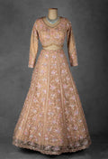 Blush Peach Floral Embroidered Crop Top Lehenga Set in Net with Sequin & Thread Work
