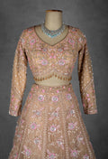 Blush Peach Floral Embroidered Crop Top Lehenga Set in Net with Sequin & Thread Work