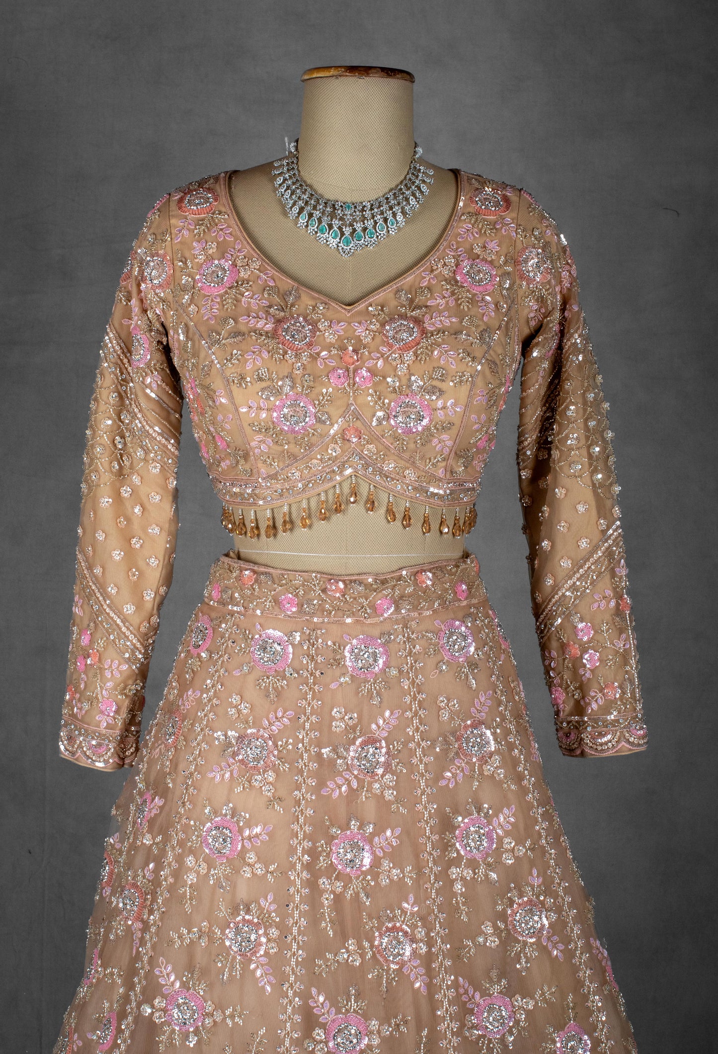 Blush Peach Floral Embroidered Crop Top Lehenga Set in Net with Sequin & Thread Work