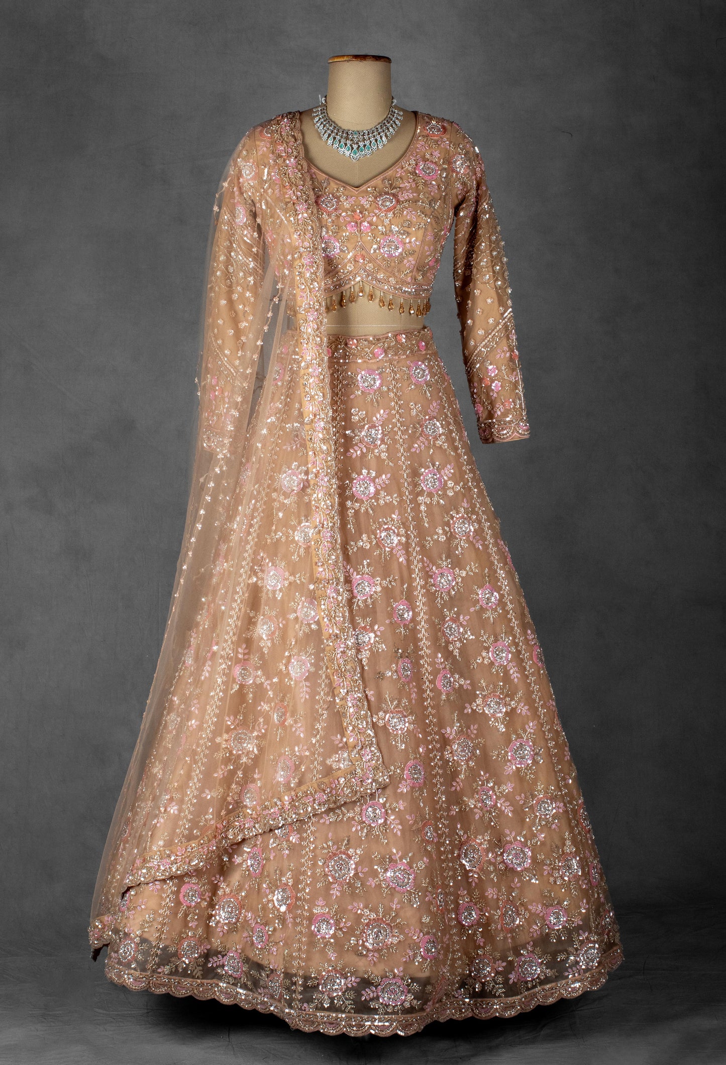 Blush Peach Floral Embroidered Crop Top Lehenga Set in Net with Sequin & Thread Work